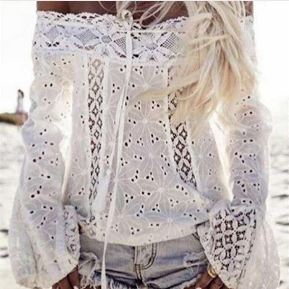 White one-shoulder flared sleeve lace top Off-the-shoulder fringed lace stitching top in stock