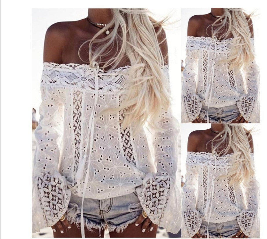 White one-shoulder flared sleeve lace top Off-the-shoulder fringed lace stitching top in stock