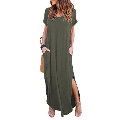 2019 AliExpress Amazon European and American Solid Color Stitching Short Sleeve V-neck Split Expansion Skirt Maxi Dress in Stock