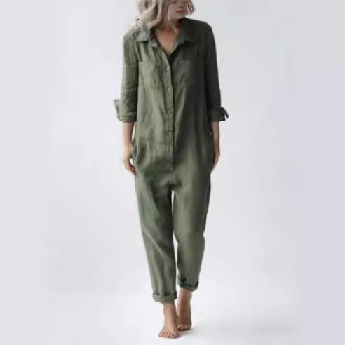 2022 foreign trade hot selling casual lapel pocket long sleeve solid color cotton jumpsuit green