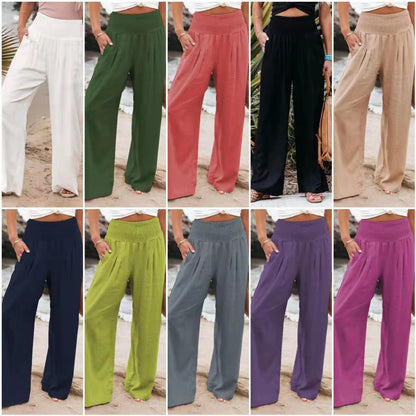 Cross-border independent station Amazon 2024 spring and summer women's clothing cotton and linen solid color elastic waist wide-leg pants casual pants trousers women