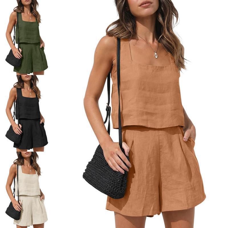 2023 Amazon new European and American foreign trade women's 2-piece casual suit linen shorts sleeveless top vest