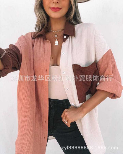 European and American hot style 2023 ebay Amazon spring new women's fashionable lapel pocket candy color shirt top