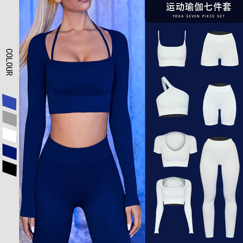 European and American cross-border one-shoulder hot-selling bra strap long-sleeved fitness 5/3 shorts running hip-lifting trousers seven-piece set