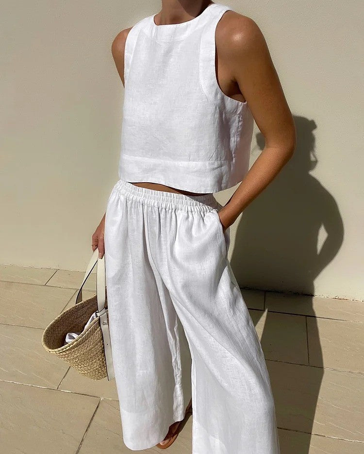 2023 Cross-border Amazon new casual European and American large size suit loose solid color sleeveless shirt trousers two-piece suit