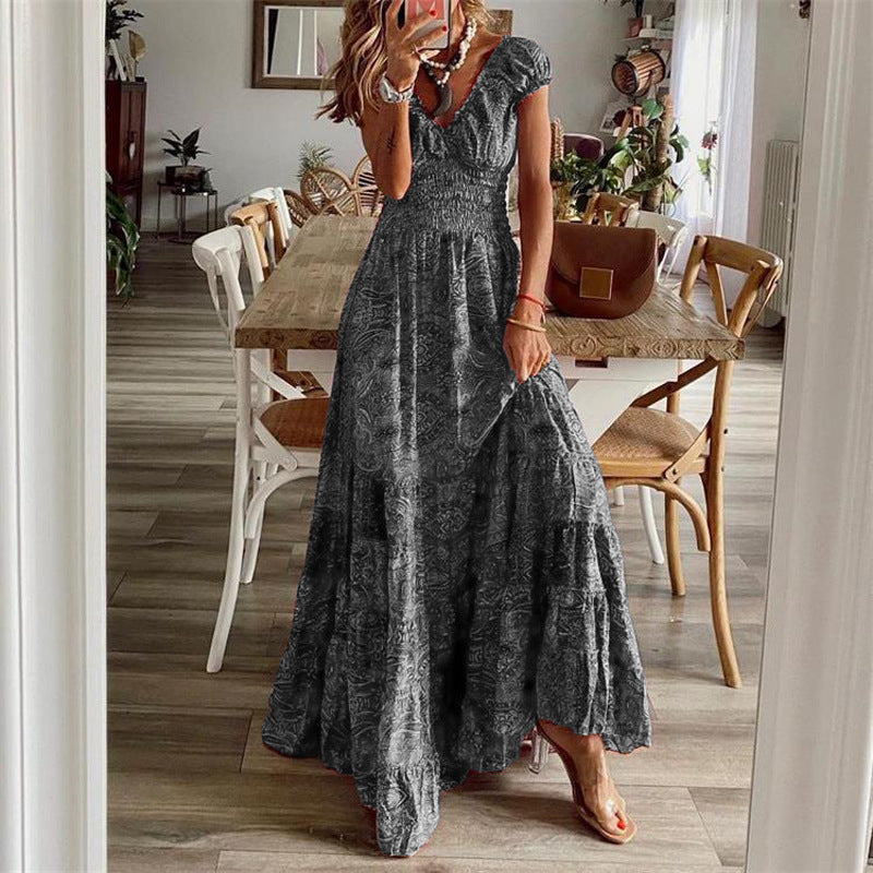 2022 European and American foreign trade new West Mia retro dress long dress waist floral print big swing dress