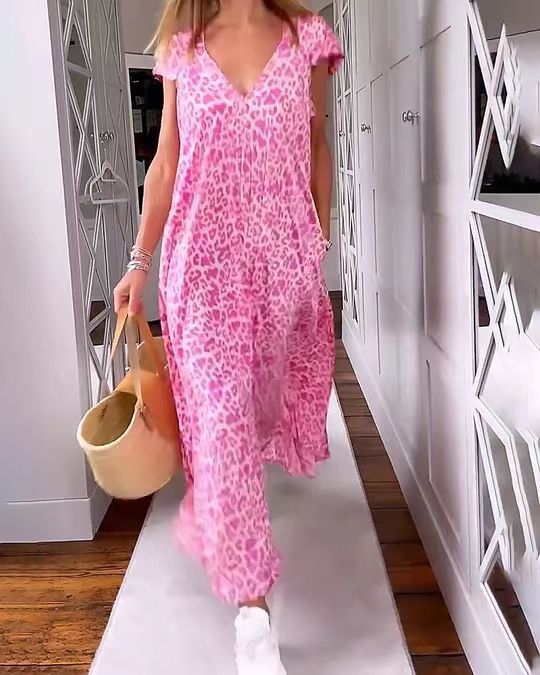 2023 Cross-border European and American summer V-neck fashion dress Leopard print long skirt loose and slim