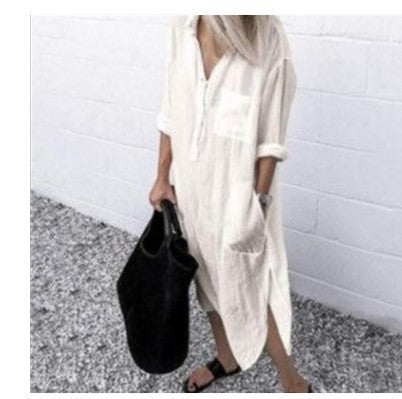 Cross-border hot style 2022 summer and autumn elegant solid color slit dress simple buttoned long shirt skirt spot