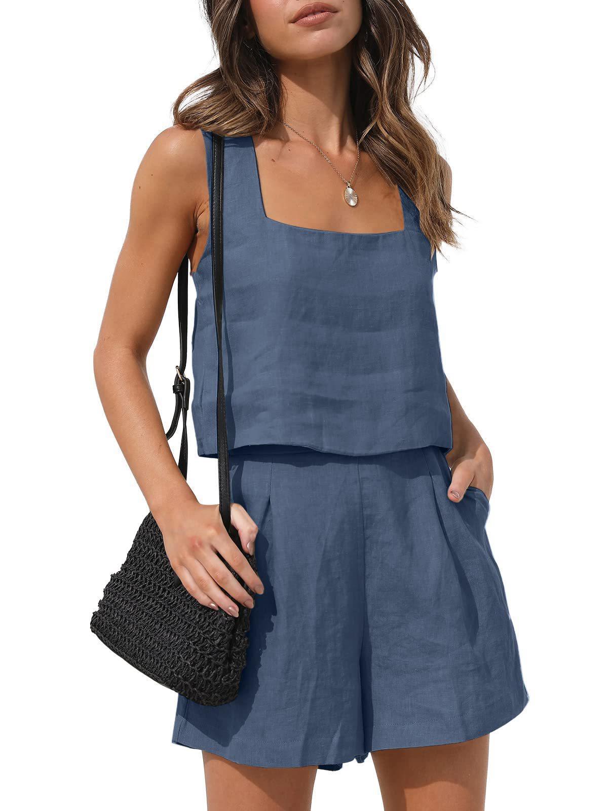 2023 Amazon new European and American foreign trade women's 2-piece casual suit linen shorts sleeveless top vest