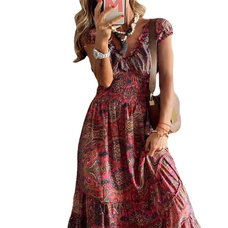 2022 European and American foreign trade new West Mia retro dress long dress waist floral print big swing dress