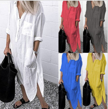 Cross-border hot style 2022 summer and autumn elegant solid color slit dress simple buttoned long shirt skirt spot