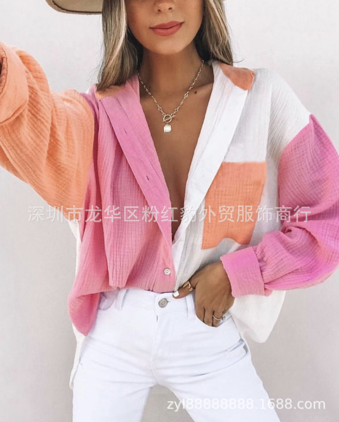 European and American hot style 2023 ebay Amazon spring new women's fashionable lapel pocket candy color shirt top