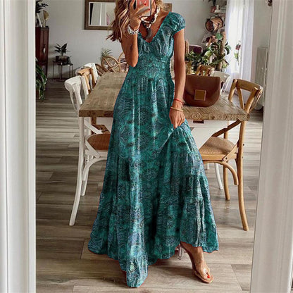 2022 European and American foreign trade new West Mia retro dress long dress waist floral print big swing dress