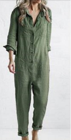 2022 foreign trade hot selling casual lapel pocket long sleeve solid color cotton jumpsuit green