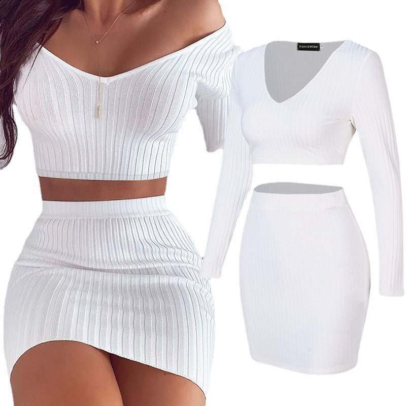 Cross-border e-commerce sweater factory direct supply Sexy V-neck ribbed off-shoulder long-sleeved knitted top short skirt two-piece set in stock