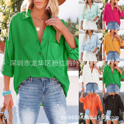 European and American hot style 2023 ebay Amazon spring new women's fashionable lapel pocket candy color shirt top