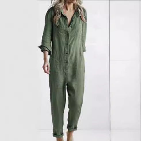 2022 foreign trade hot selling casual lapel pocket long sleeve solid color cotton jumpsuit green