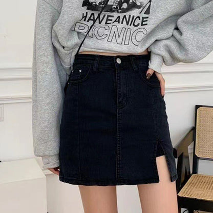 Denim skirt short skirt women 2024 spring and summer new style skirt high waist a-line skirt hot girl hip slit skirt INS