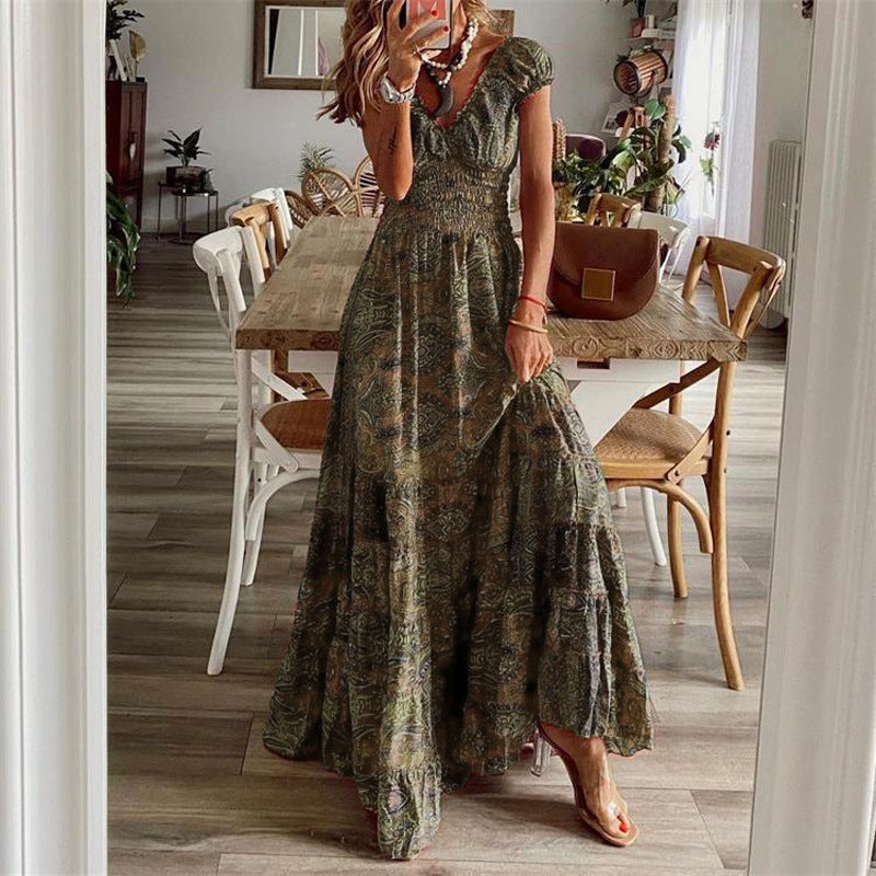 2022 European and American foreign trade new West Mia retro dress long dress waist floral print big swing dress