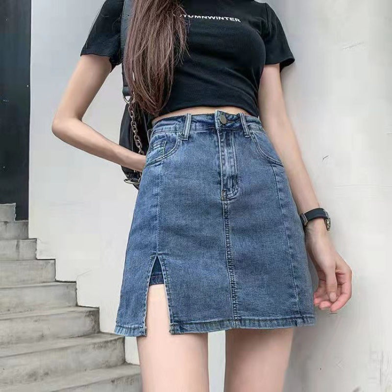 Large size denim skirt for women in summer high waist split hip skirt pants fat MM hot girl skirt slim A-line short skirt