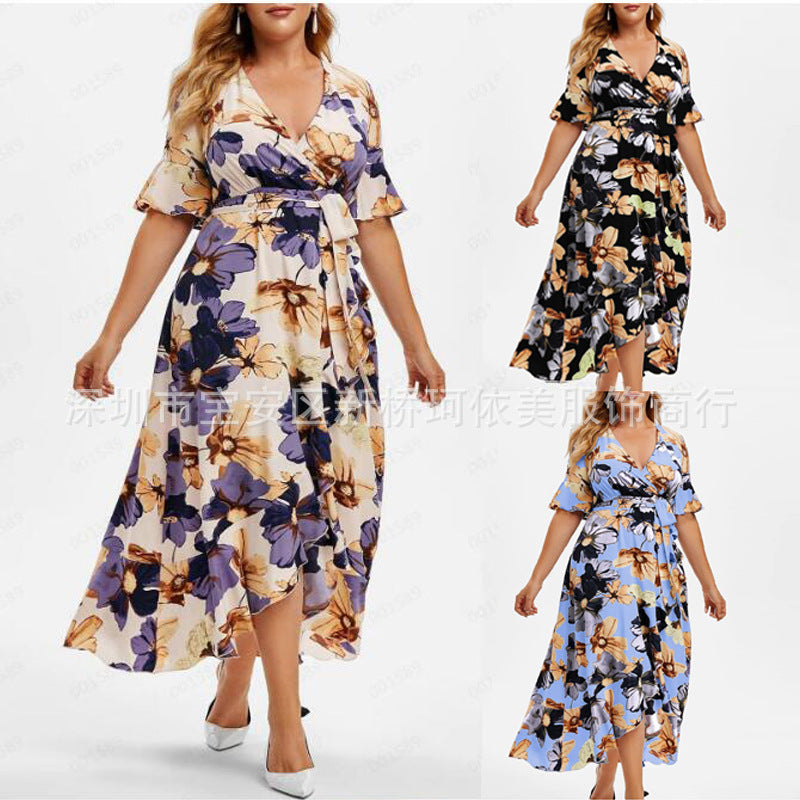 Women's Large Size Casual Bohemian Print Irregular Dress Fishtail Swing Skirt European and American Short Sleeve Waist