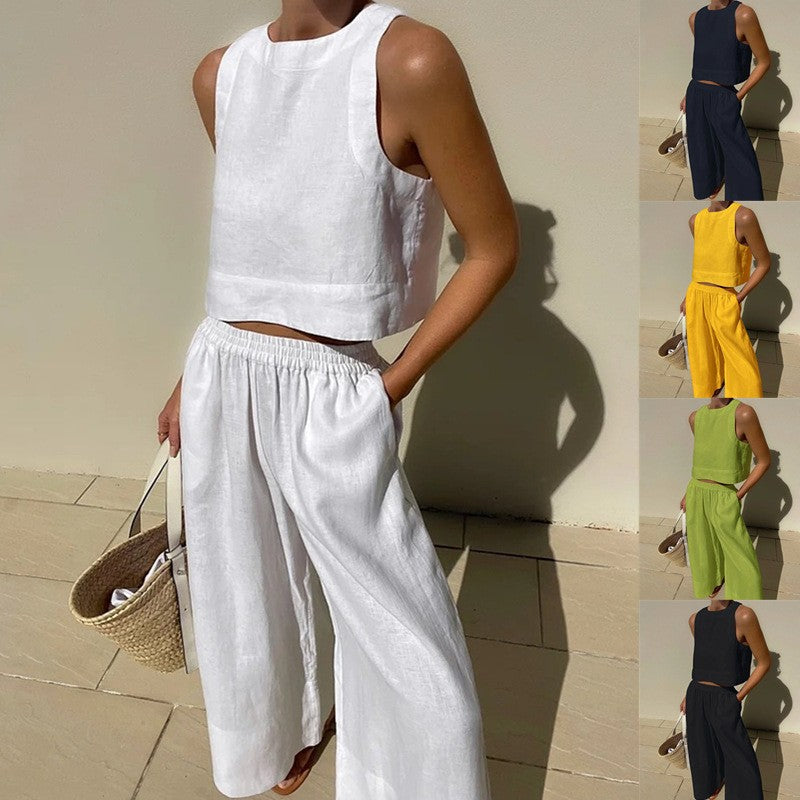 2023 Cross-border Amazon new casual European and American large size suit loose solid color sleeveless shirt trousers two-piece suit