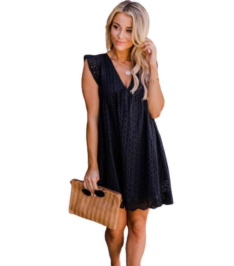 2022 Amazon European and American cross-border new lace jacquard hollow V-neck dress women with pocket lining shorts