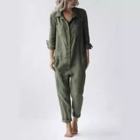 2022 foreign trade hot selling casual lapel pocket long sleeve solid color cotton jumpsuit green