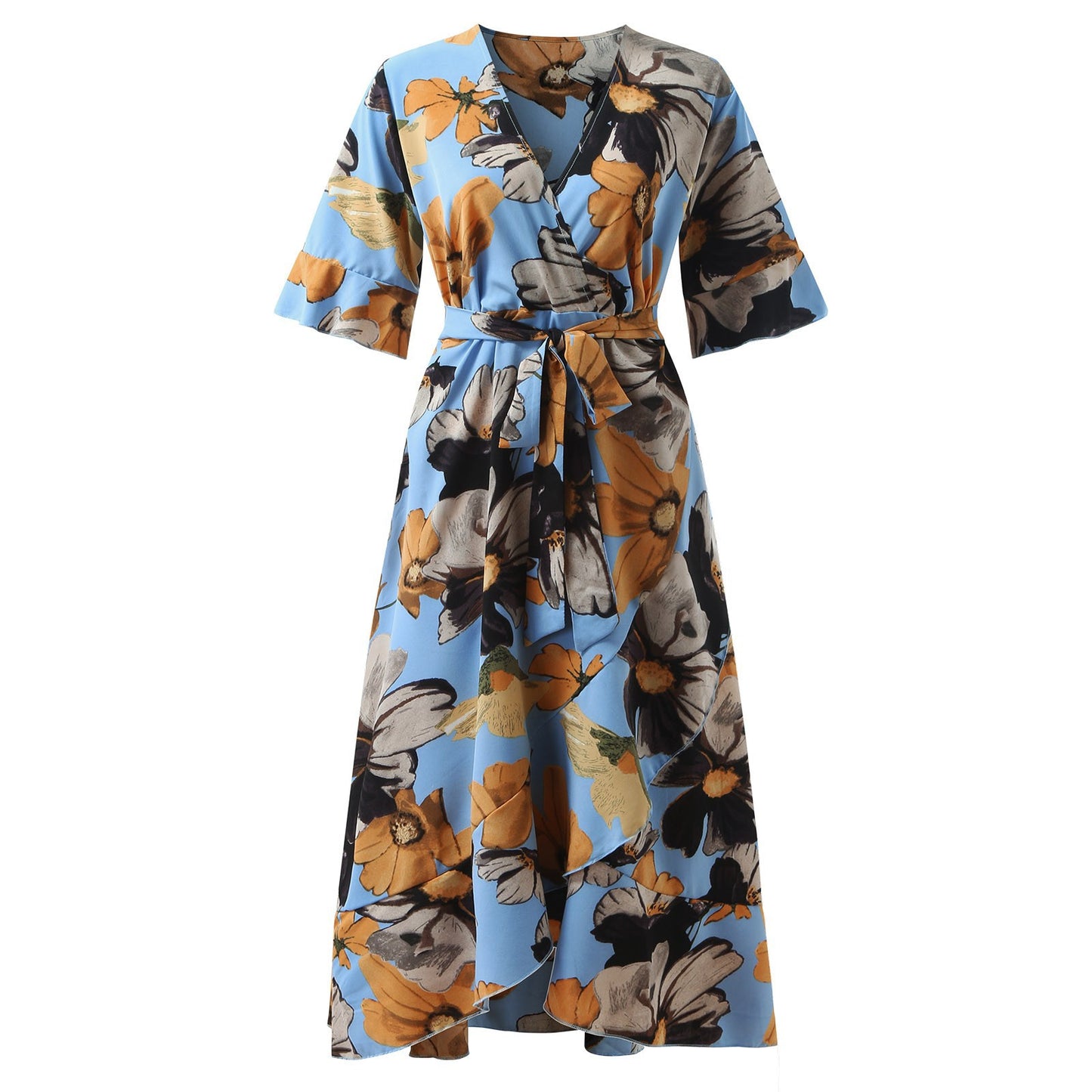 Women's Large Size Casual Bohemian Print Irregular Dress Fishtail Swing Skirt European and American Short Sleeve Waist