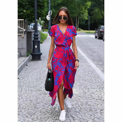 2024 European and American women's clothing cross-border foreign trade AliExpress Amazon summer new v-neck printed lace dress