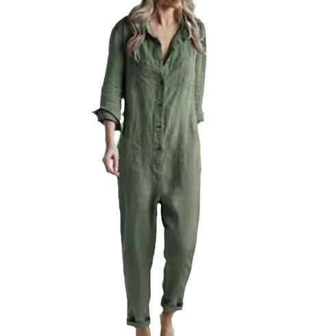 2022 foreign trade hot selling casual lapel pocket long sleeve solid color cotton jumpsuit green