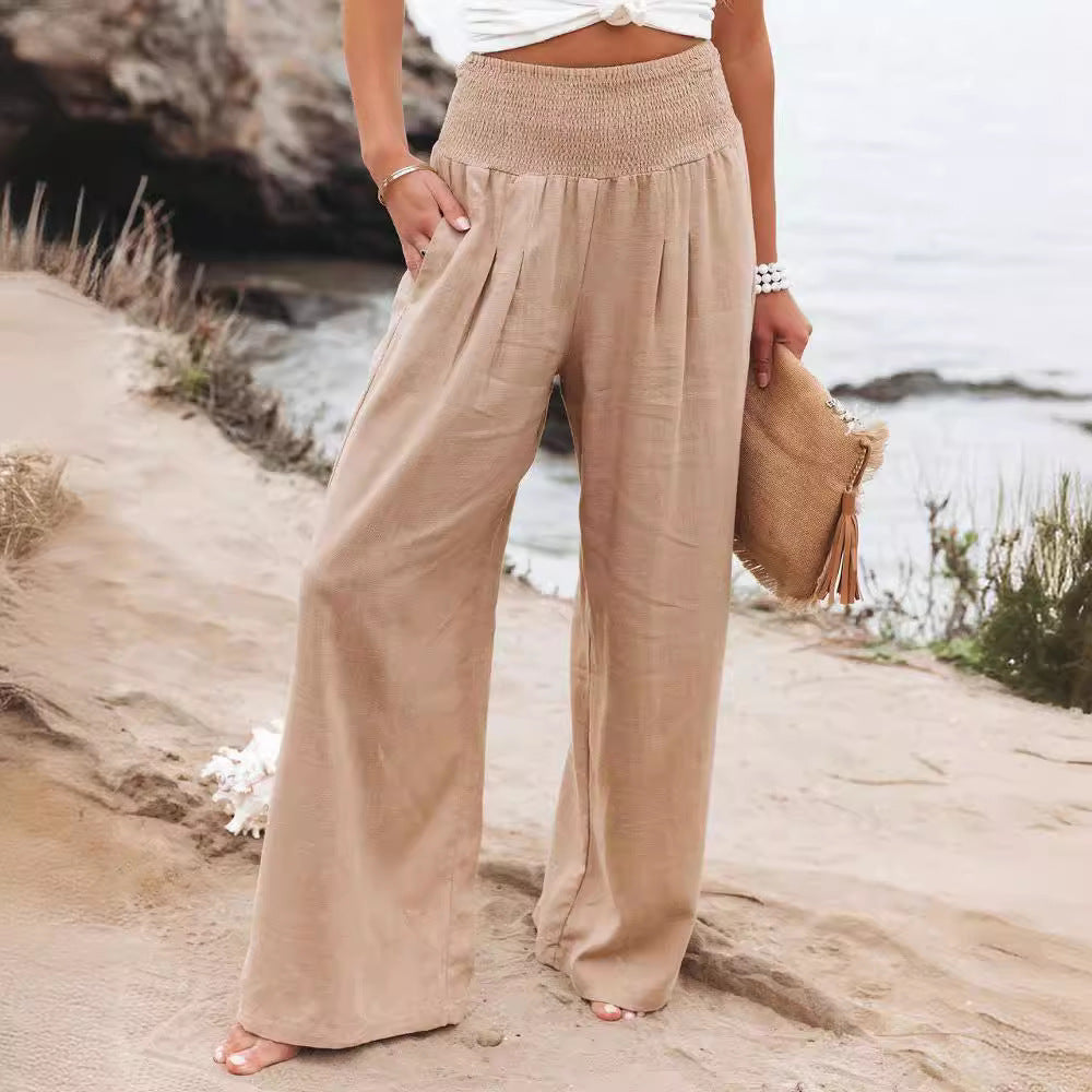 Cross-border independent station Amazon 2024 spring and summer women's clothing cotton and linen solid color elastic waist wide-leg pants casual pants trousers women