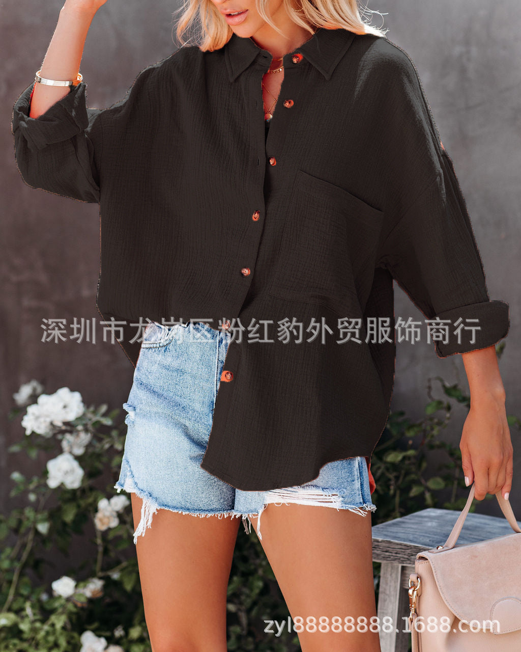 European and American hot style 2023 ebay Amazon spring new women's fashionable lapel pocket candy color shirt top