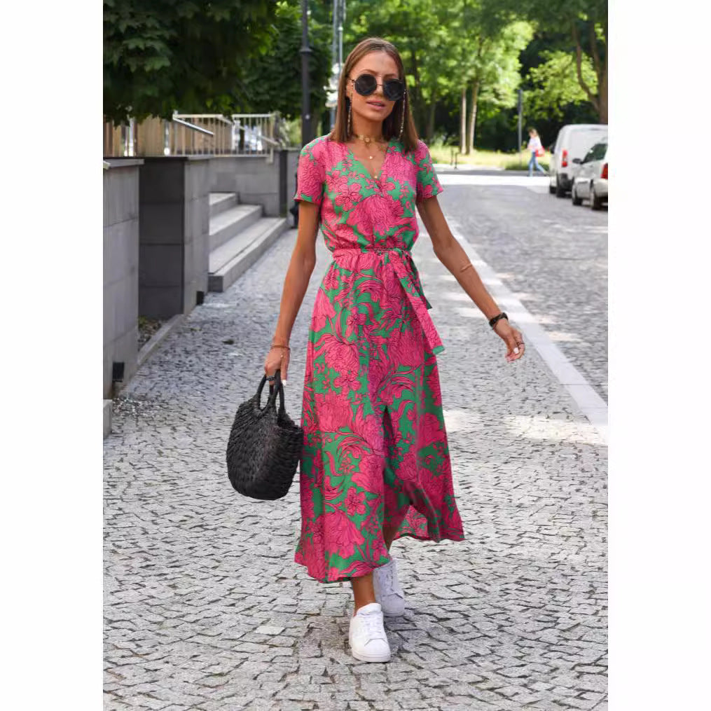 2024 European and American women's clothing cross-border foreign trade AliExpress Amazon summer new v-neck printed lace dress