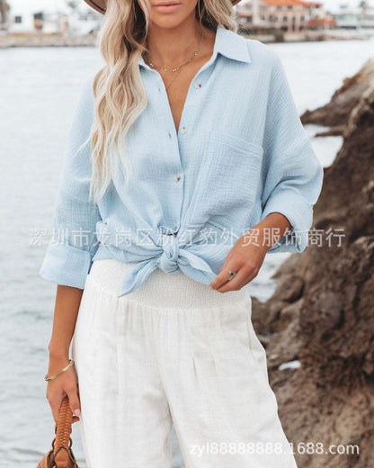 European and American hot style 2023 ebay Amazon spring new women's fashionable lapel pocket candy color shirt top