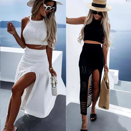 Cross-border European and American sexy beach skirt suit 2024 summer sleeveless knitted short top long slit skirt