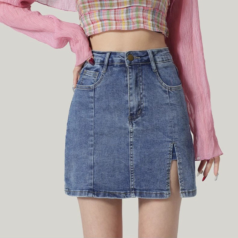 Denim skirt short skirt women 2024 spring and summer new style skirt high waist a-line skirt hot girl hip slit skirt INS